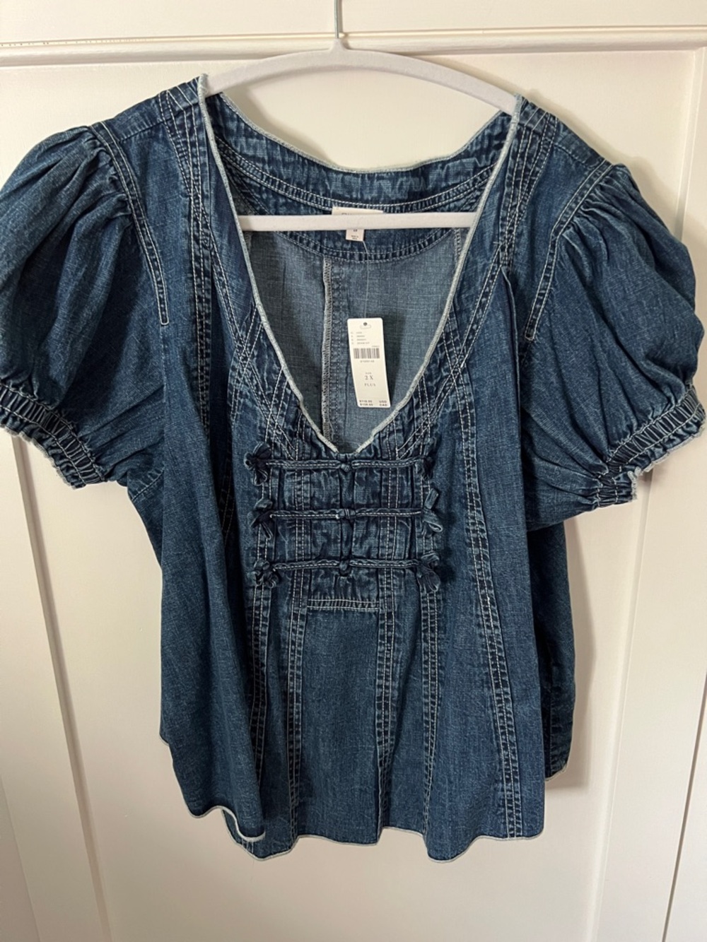 Pilcro Blue Denim Puff-Sleeve V-Neck Top